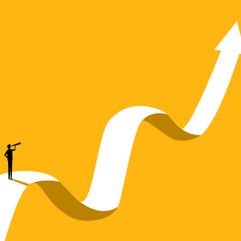 Vision on volatility Businessman looking at the telescope on the growth and uncertainty chart