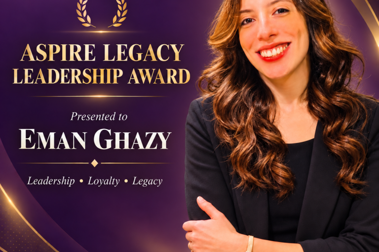Award banner for the Aspire Legacy Leadership Award; presented to Eman Ghazy, with a smiling woman in a black blazer on a purple-gold background and logos at the bottom.