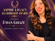 Award banner for the Aspire Legacy Leadership Award; presented to Eman Ghazy, with a smiling woman in a black blazer on a purple-gold background and logos at the bottom.