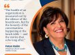Promotional poster with a smiling woman (Faten Halim) beside a curved orange border, featuring the quote about organizational health and the Aspire HR Leadership Voices teaser (Read the Full Article).