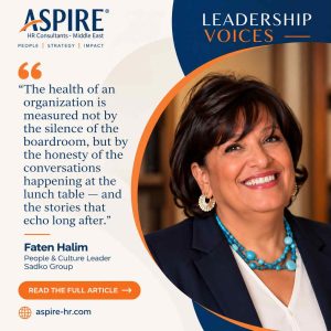 Promotional poster with a smiling woman (Faten Halim) beside a curved orange border, featuring the quote about organizational health and the Aspire HR Leadership Voices teaser (Read the Full Article).