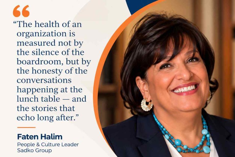 Promotional poster with a smiling woman (Faten Halim) beside a curved orange border, featuring the quote about organizational health and the Aspire HR Leadership Voices teaser (Read the Full Article).